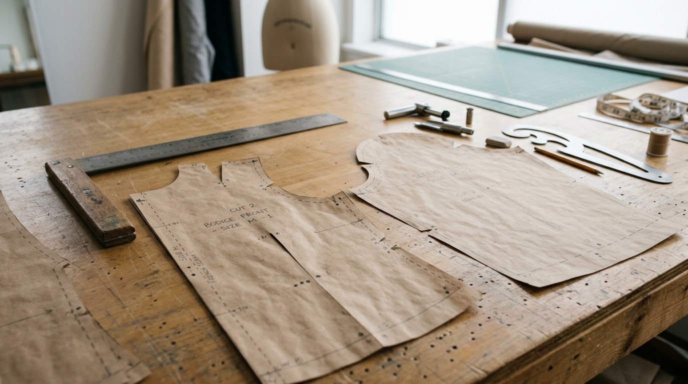 Professional sewing pattern pieces with notches and markings arranged on a pattern-making worktable with rulers and drafting tools.