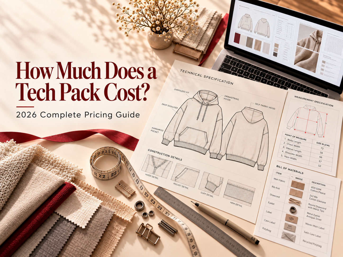 Tech pack cost guide for 2026 featuring garment technical flat sketches, measurement specification sheets, fabric swatches, and a professional fashion design workspace.
